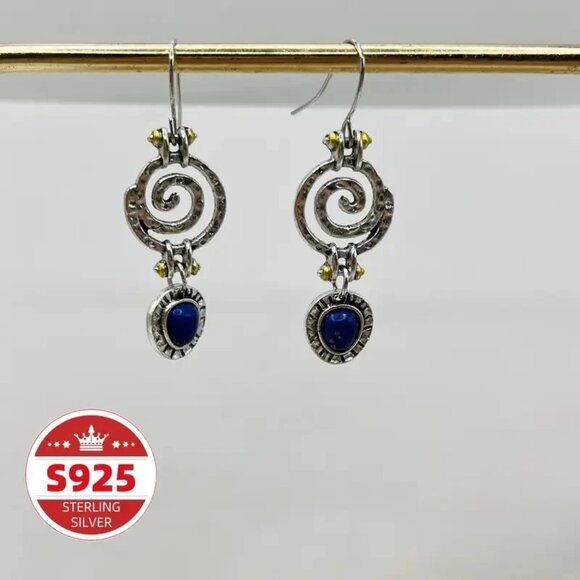 Retro Synthetic Lapis Lazuli Earrings – Hollow Spiral Hammer Hanging Design NWOT - Picture 6 of 6